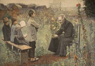 Priester unterrichtet Kinder im Katechismus, Illustration aus 